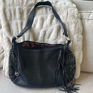 Brighton Black Studded Leather Shoulder Bag with Tassel